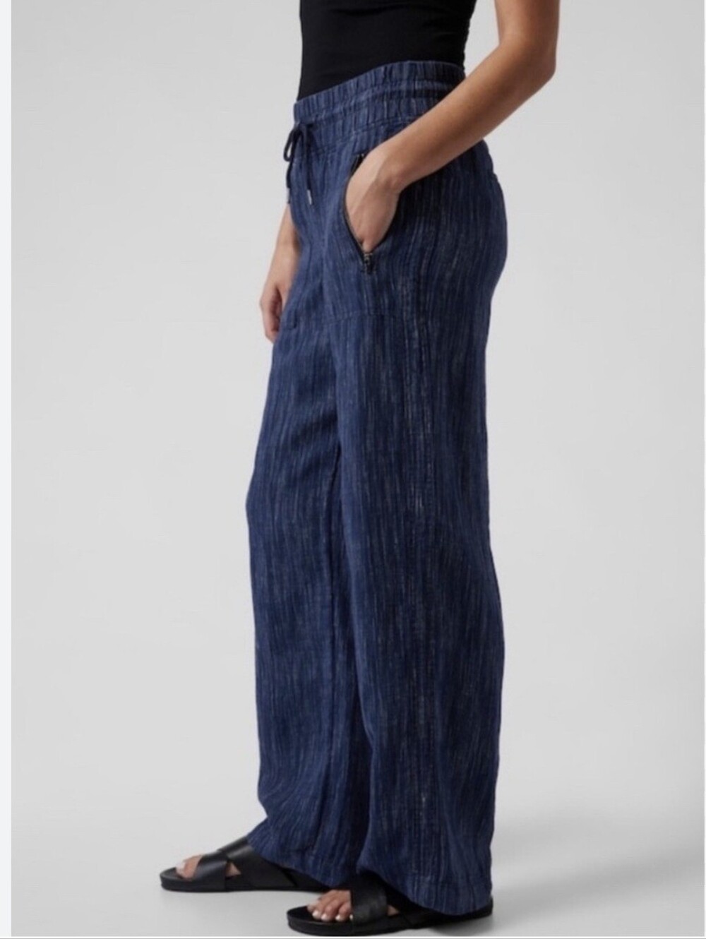 Athleta Cabo Linen Textured Wide Leg Pants Blue Size 14 100% Linen